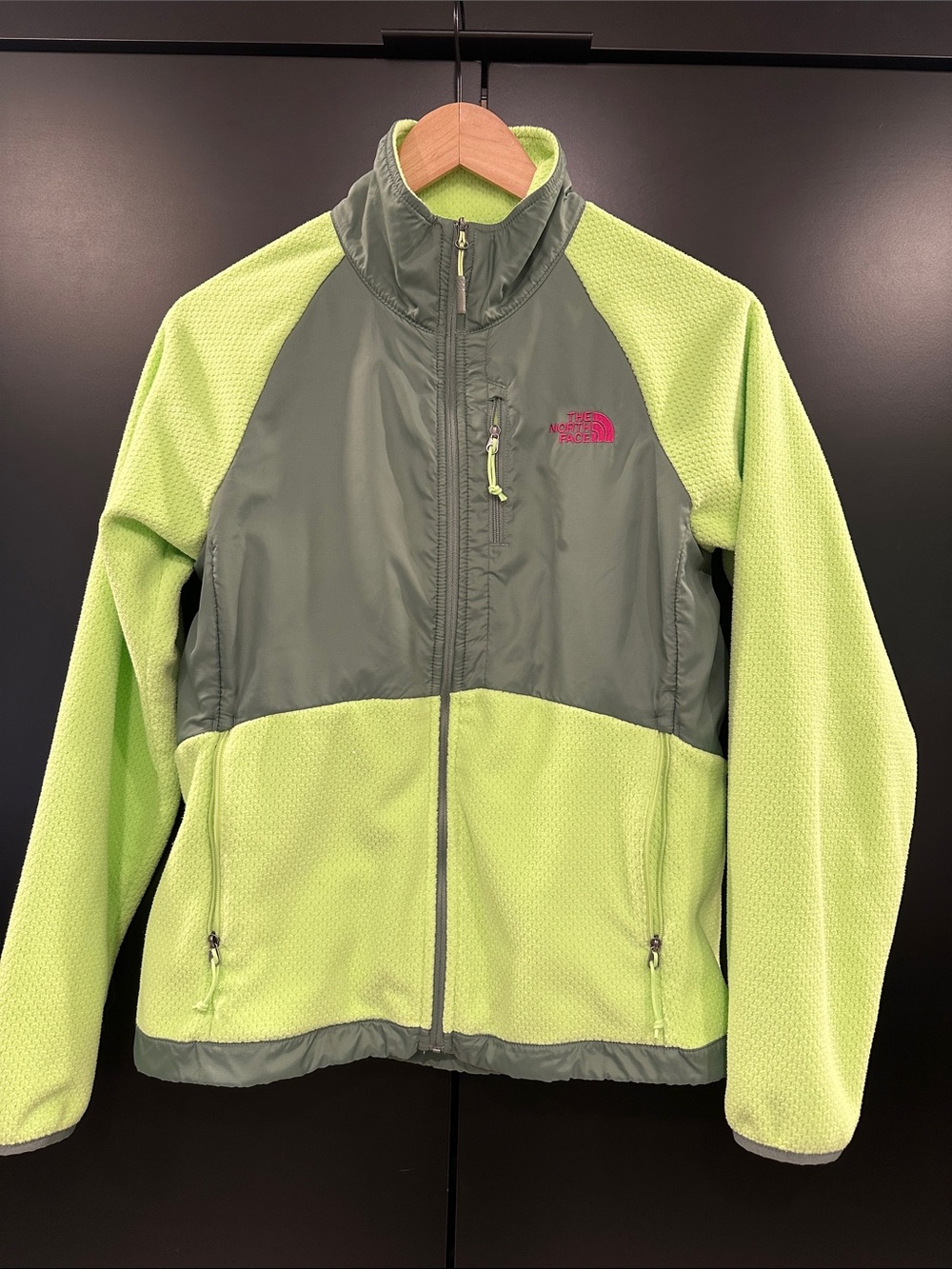 The North Face‎ Womens Fleece Hybrid Jacket Green Gray Pink Logo Full Zip Small